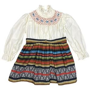Vintage 70's Girl's Dress Smocked High Neck Serape Stripe Long Sleeve Floral